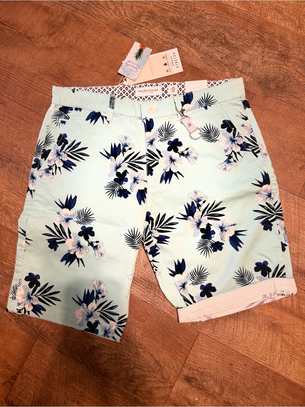 Men's Floral Print Light Blue Cotton Shorts Demin & Flower 29